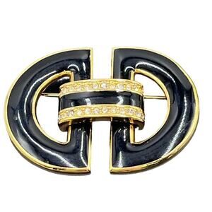 Swarovski SAL vintage Black Enamel Clear Crystals Buckle Art Deco Brooch